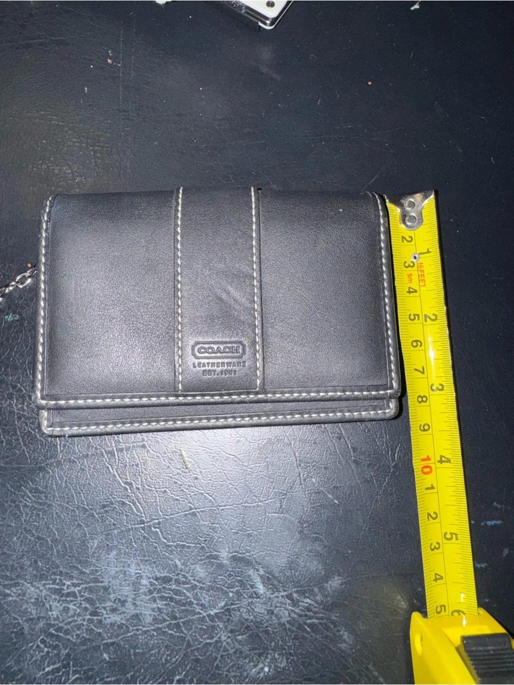 Coach Black Leather Trifold Wallet with Stitch Detailing